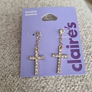 Claire's Rhinestone Cross Dangle Earrings Rose Gold Tone‎ NEW